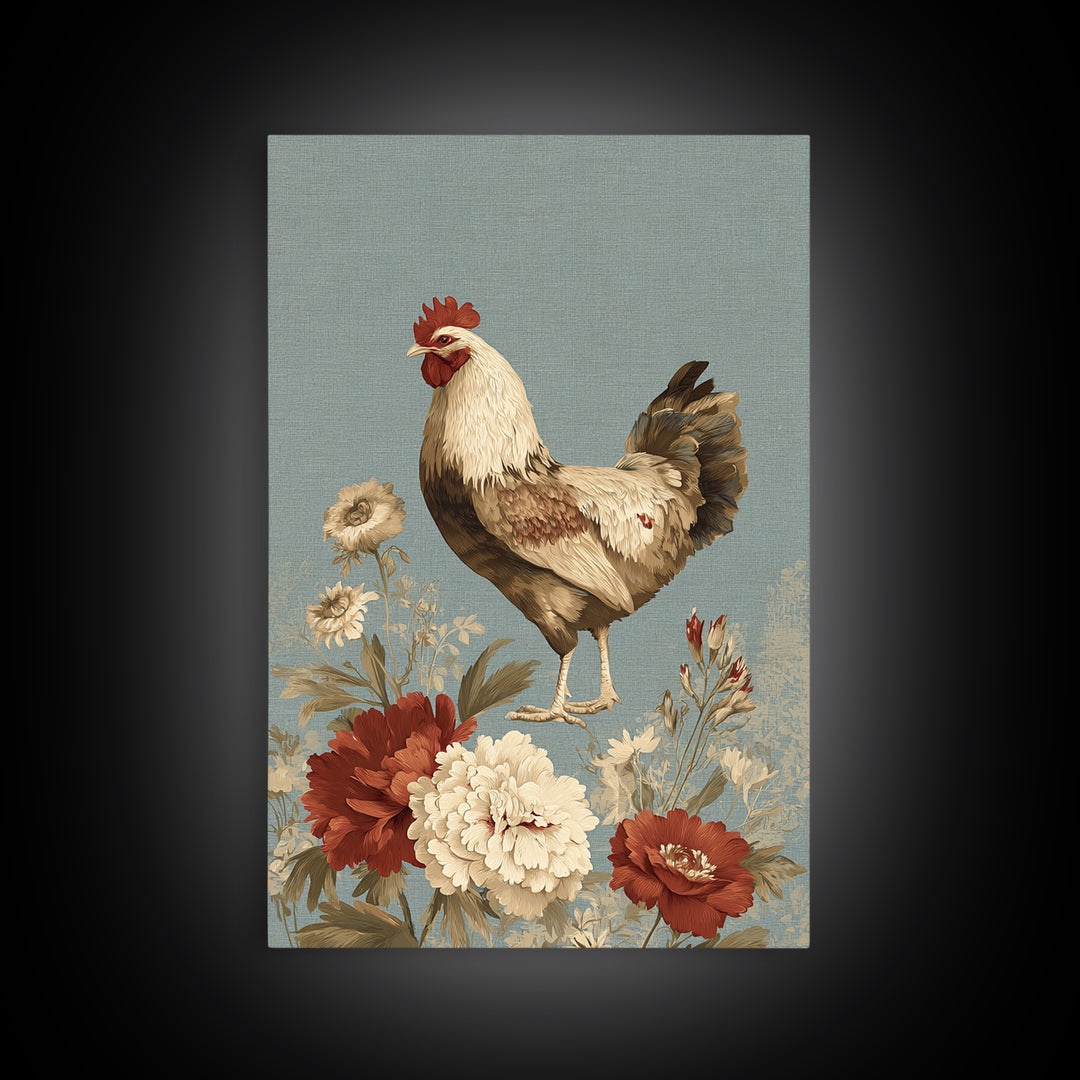 Chickens Pecking Near Garden Flowers Framed Canvas Print, Country Art, Textured Painting, Farmhouse Decor, Fine Art, Country, COU-2x3-46
