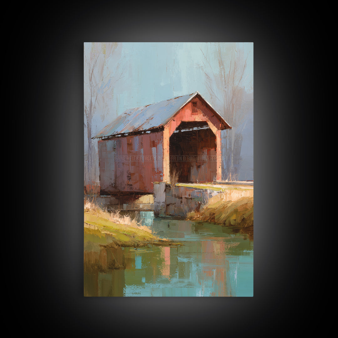 Covered Bridge over a Quiet Creek Framed Canvas Print, Country Art, Wall Art, Farmhouse Decor, Abstract Art, Country, COU-2x3-47