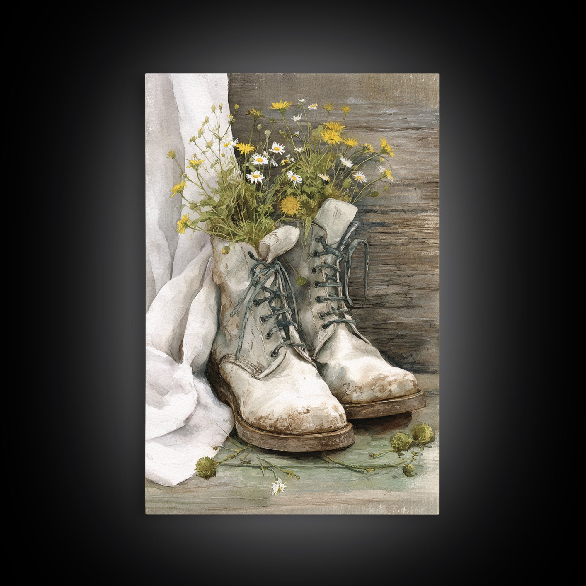Weathered Boots with Wildflowers Tucked Inside Framed Canvas Print, Country Art, Statement Artwork, Farmhouse Decor, Country, COU-2x3-48