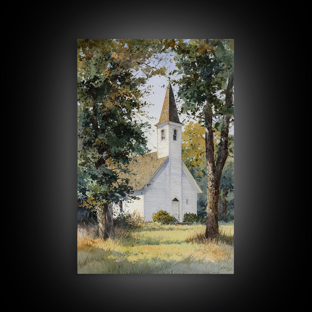 Country Church Steeple Beyond Trees Framed Canvas Print, Country Art, Room Decor, Farmhouse Decor, Oil Painting, Country, COU-2x3-51