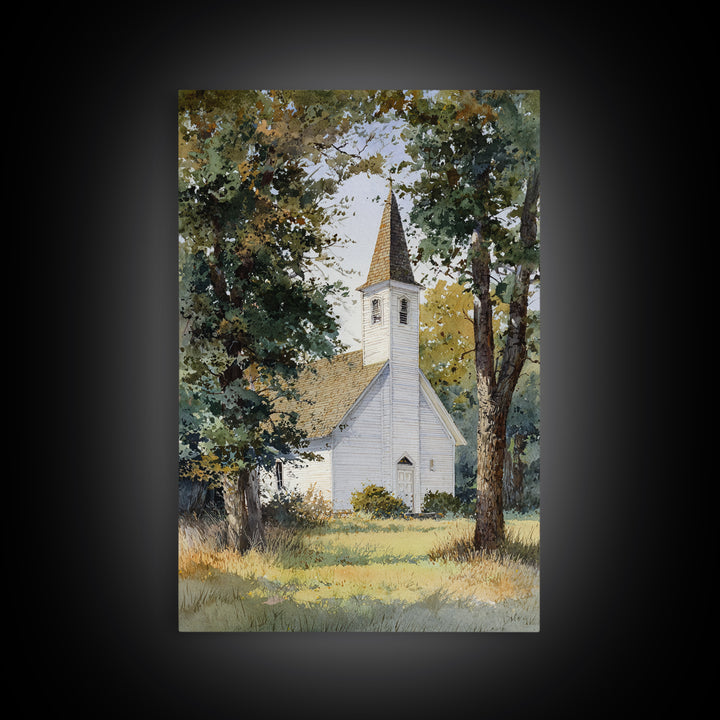 Country Church Steeple Beyond Trees Framed Canvas Print, Country Art, Room Decor, Farmhouse Decor, Oil Painting, Country, COU-2x3-51