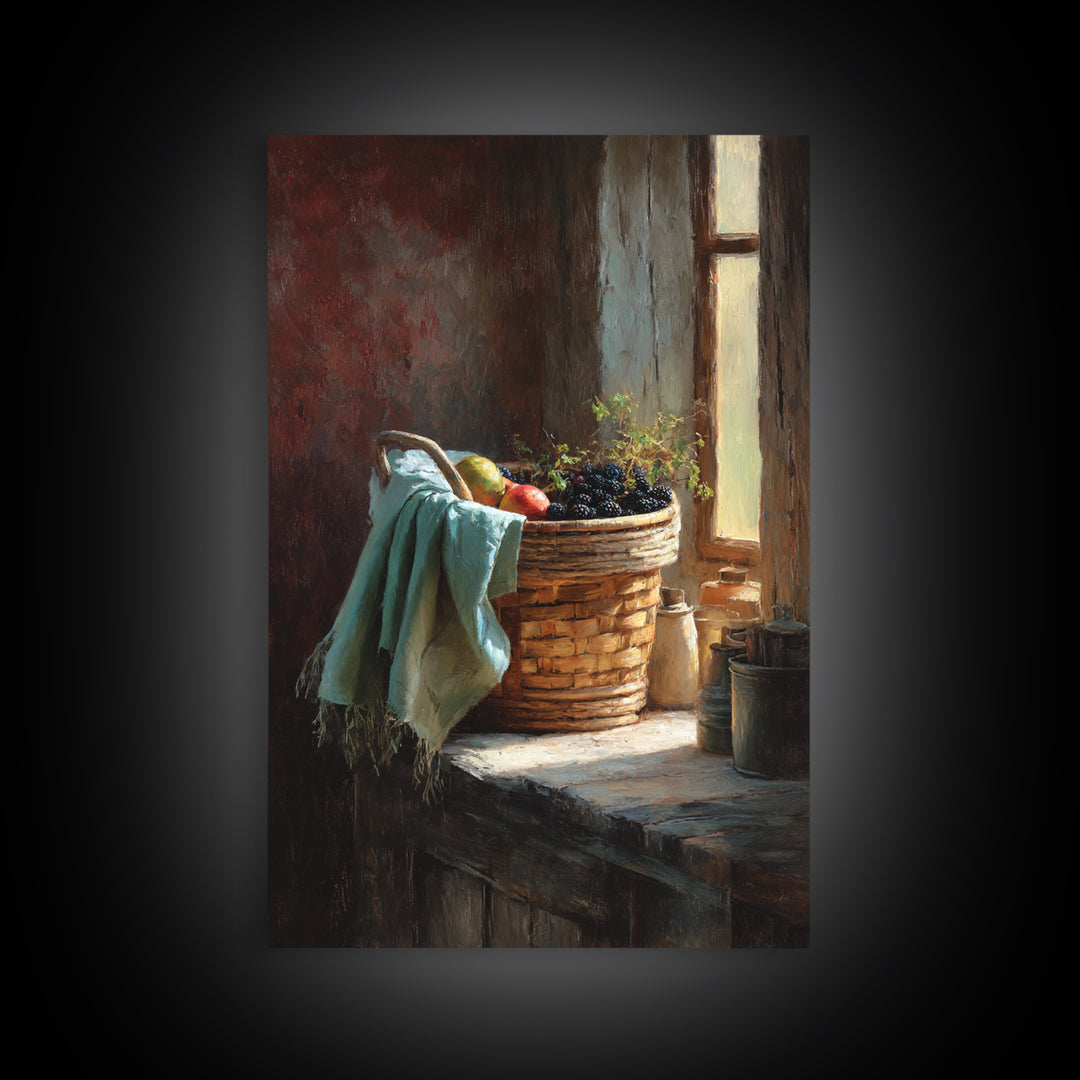 Blackberry Basket with Linen Cloth Framed Canvas Print, Country Art, Printable Wall Art, Farmhouse Decor, Abstract Art, Country, COU-2x3-53