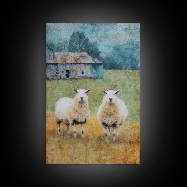 Watercolor Sheep in a Green Pasture Framed Canvas Print, Country Art, Textured Painting, Farmhouse Decor, Fine Art, Country, COU-2x3-55