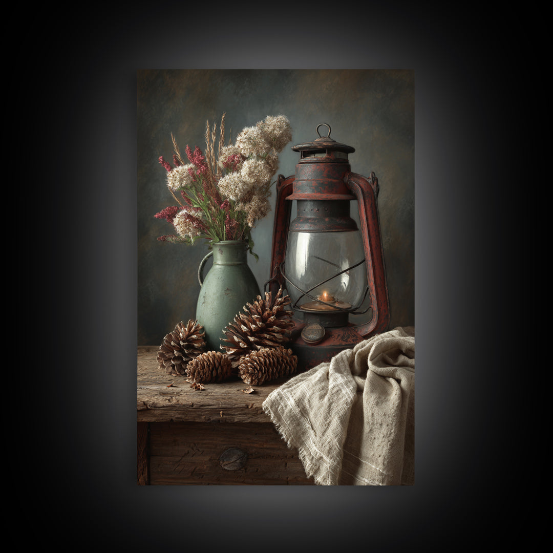 Old Lantern and Pinecones Still Life Framed Canvas Print, Country Art, Wall Decor, Farmhouse Decor, Abstract Art, Country, COU-2x3-56