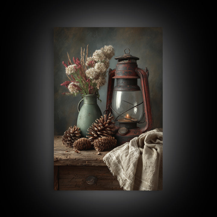 Old Lantern and Pinecones Still Life Framed Canvas Print, Country Art, Wall Decor, Farmhouse Decor, Abstract Art, Country, COU-2x3-56