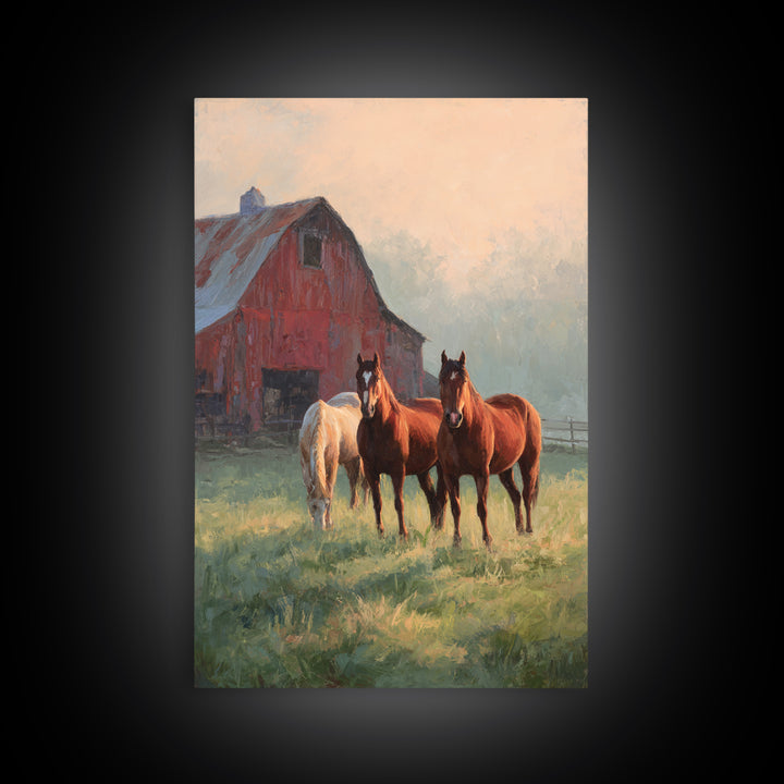 Rolling Pasture with Grazing Horses at Sunrise Canvas Print, Country Art, Printable Art, Farmhouse Decor, Oil Painting, Country, COU-2x3-57