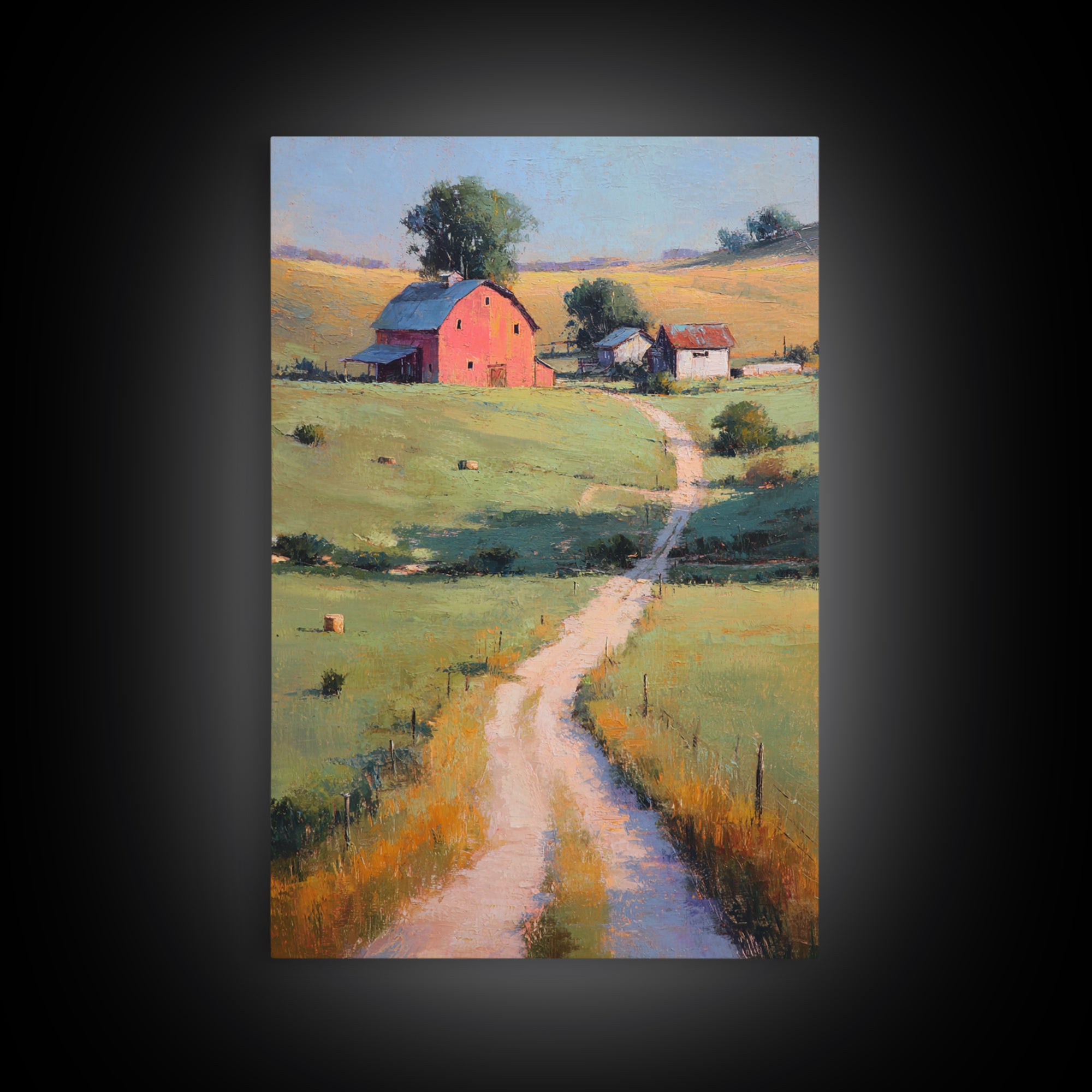 Country Road Disappearing into Green Hills Framed Canvas Print, Country Art, Digital Prints, Farmhouse Decor, Watercolor Art, COU-2x3-63