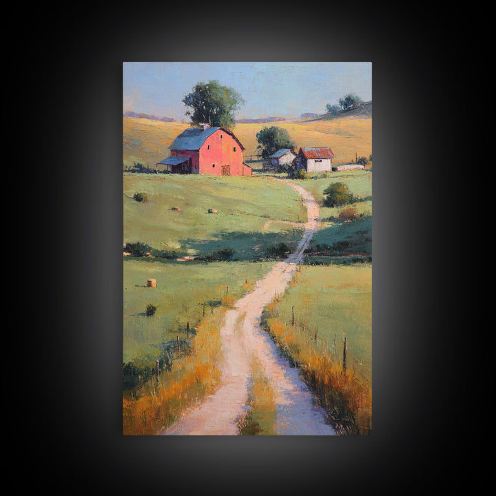 Country Road Disappearing into Green Hills Framed Canvas Print, Country Art, Digital Prints, Farmhouse Decor, Watercolor Art, COU-2x3-63