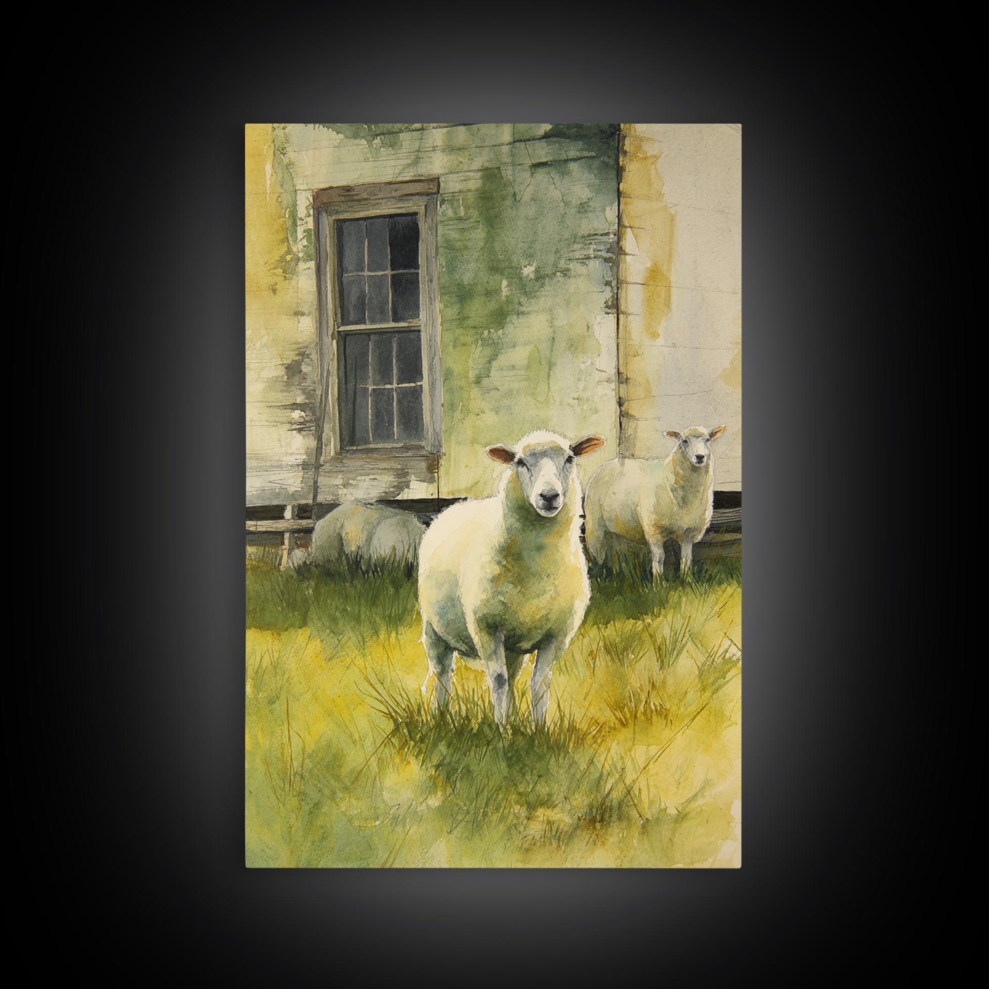 Watercolor Sheep in a Green Pasture Canvas Print, Country Art, Landscape Painting, Farmhouse Decor, Fine Art, Country, COU-2x3-7