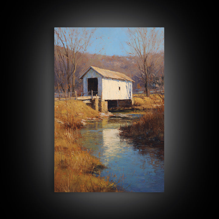 Covered Bridge over a Quiet Creek Canvas Print, Country Art, Art Print, Farmhouse Decor, Fine Art, Country, Watercolor Painting, COU-2x3-71