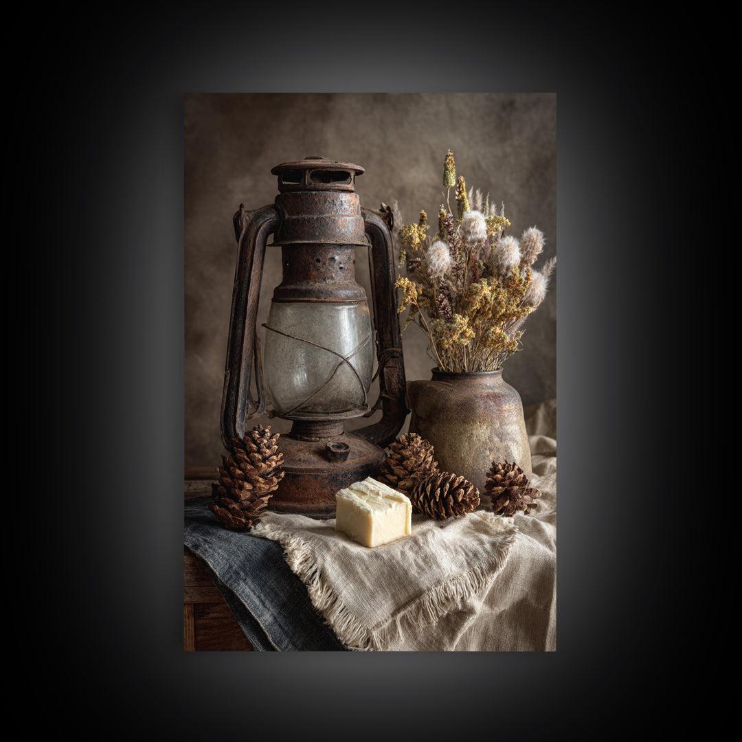 Old Lantern and Pinecones Still Life Framed Canvas Print, Country Art, Farmhouse Wall Decor, Farmhouse Decor, Oil Painting, COU-2x3-8