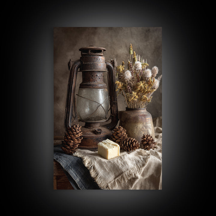 Old Lantern and Pinecones Still Life Framed Canvas Print, Country Art, Farmhouse Wall Decor, Farmhouse Decor, Oil Painting, COU-2x3-8