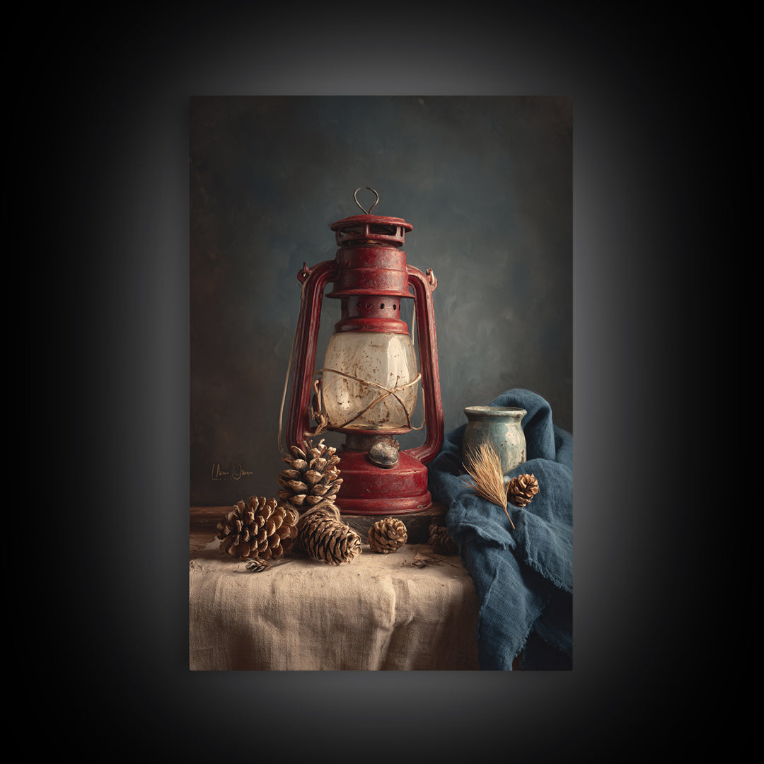 Old Lantern and Pinecones Still Life Framed Canvas Print, Country Art, Farmhouse Decor, Watercolor Art, Country, COU-2x3-80