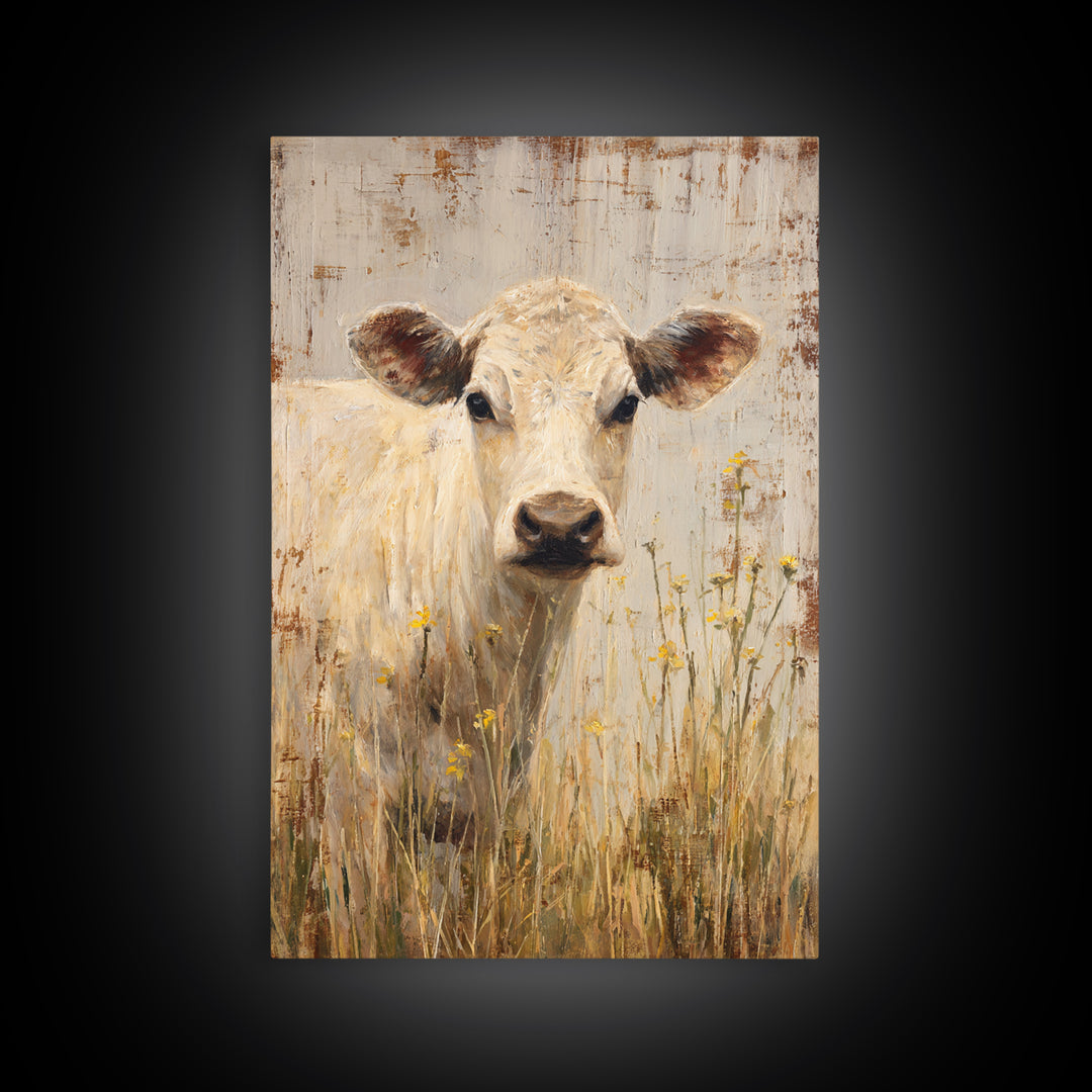 Cow Portrait with Gentle Farmhouse Personality Framed Canvas Print, Country Art, Landscape Painting, Farmhouse Decor, Country, COU-2x3-84