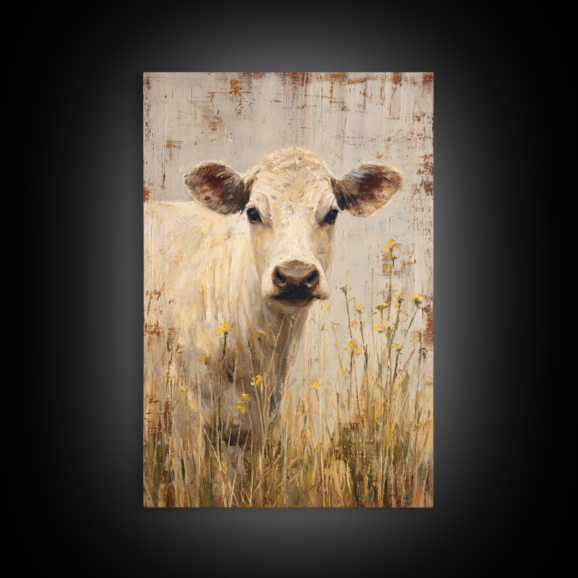 Cow Portrait with Gentle Farmhouse Personality Framed Canvas Print, Country Art, Landscape Painting, Farmhouse Decor, Country, COU-2x3-84