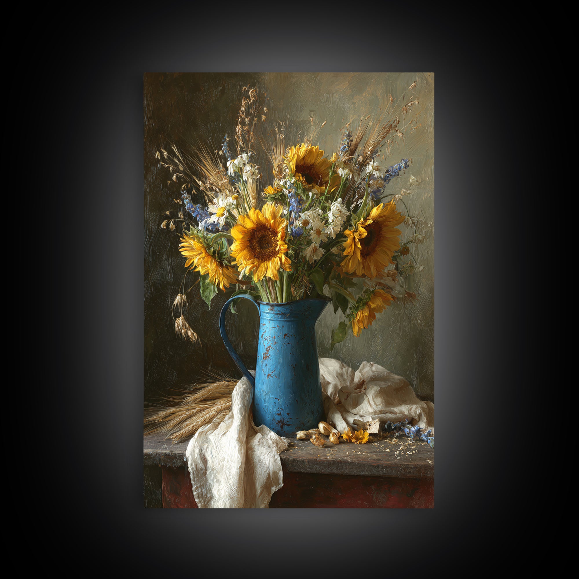 Sunflowers in a Blue Enamel Pitcher Framed Canvas Print, Country Art, Printable Wall Art, Farmhouse Decor, Fine Art, Country, COU-2x3-88