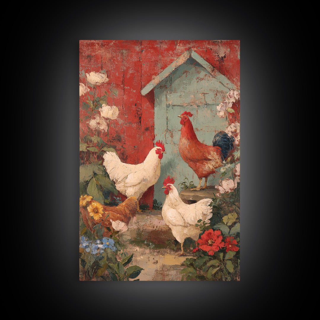Chickens Pecking Near Garden Flowers Framed Canvas Print, Country Art, Farmhouse Decor, Watercolor Art, Country, COU-2x3-94
