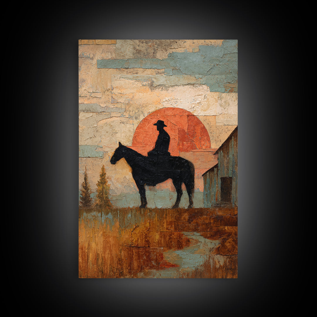 Horse and Rider Silhouette at Dusk Framed Canvas Print, Country Art, Large Wall Art, Farmhouse Decor, Fine Art, Country, COU-2x3-97