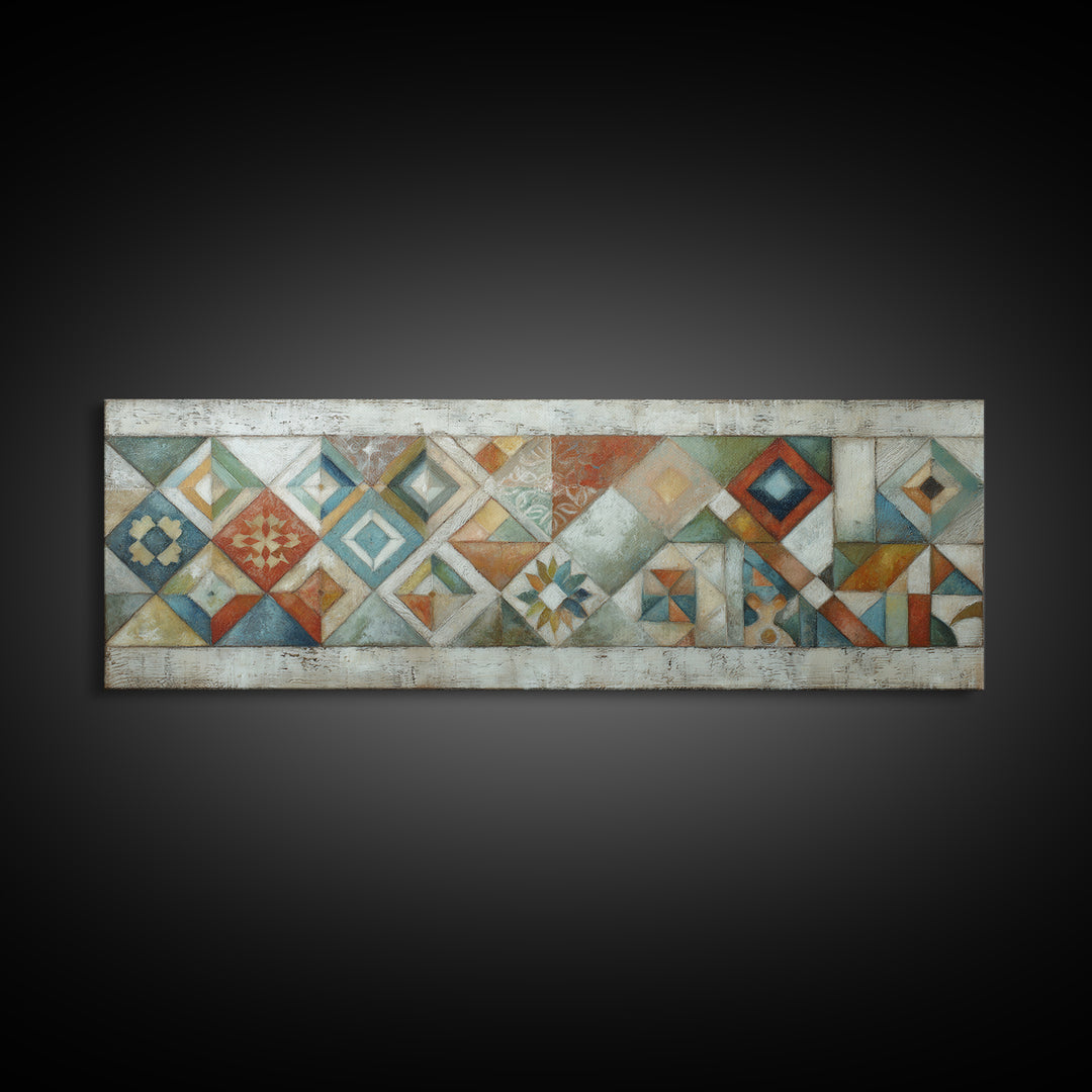 Quilt Geometric Folk Pattern Canvas Print, Country Art, Neutral Decor, Farmhouse Decor, Fine Art, Country, Home Decor, COU-3x1-100