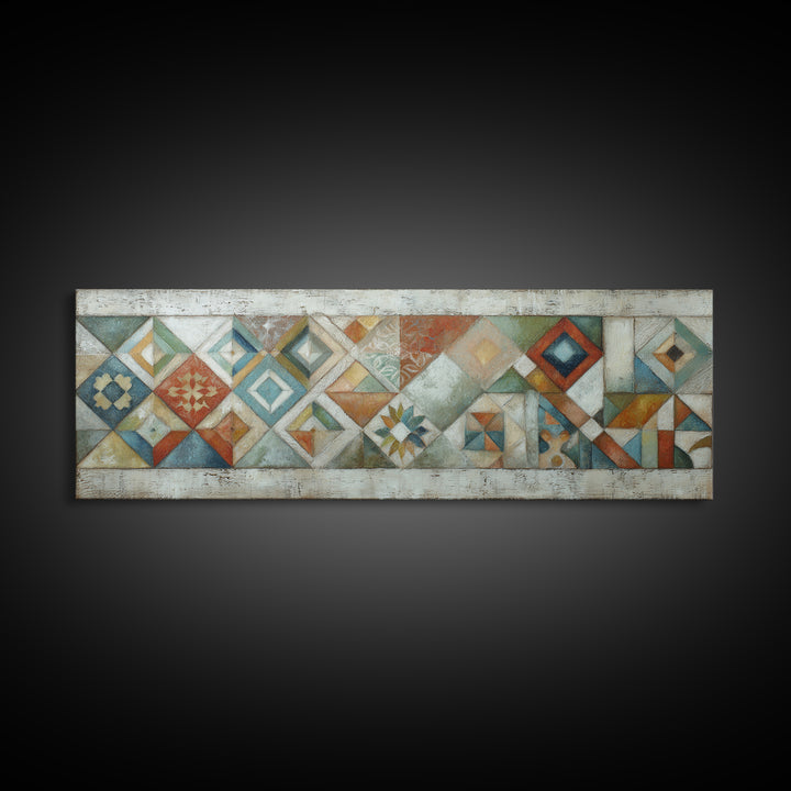 Quilt Geometric Folk Pattern Canvas Print, Country Art, Neutral Decor, Farmhouse Decor, Fine Art, Country, Home Decor, COU-3x1-100