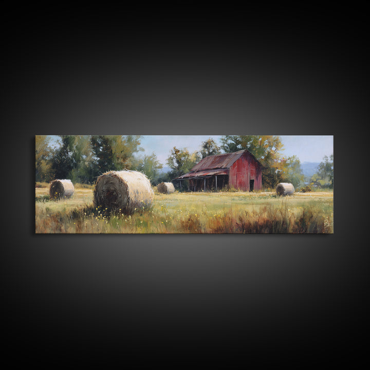 Hay Bales in Late Afternoon Sun Framed Canvas Print, Country Art, Eclectic Wall Art, Farmhouse Decor, Fine Art, Country, COU-3x1-12