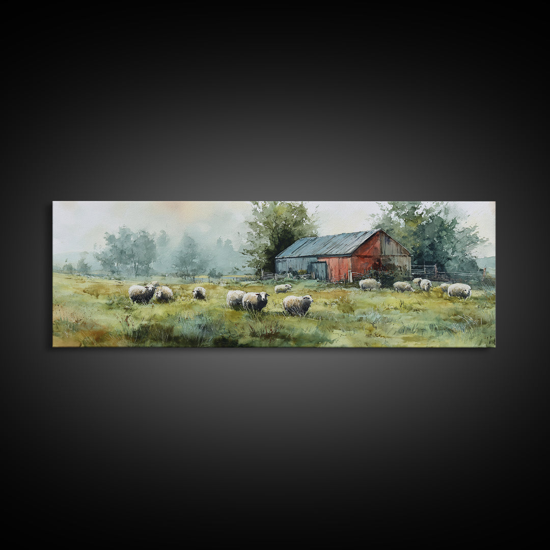 Watercolor Sheep in a Green Pasture Framed Canvas Print, Country Art, Gallery Wall Art, Farmhouse Decor, Fine Art, Country, COU-3x1-15
