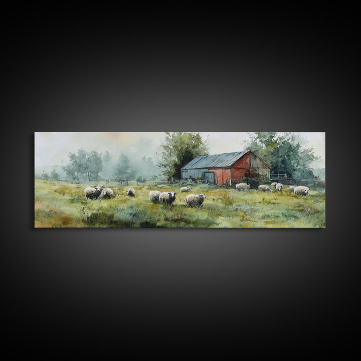 Watercolor Sheep in a Green Pasture Framed Canvas Print, Country Art, Gallery Wall Art, Farmhouse Decor, Fine Art, Country, COU-3x1-15