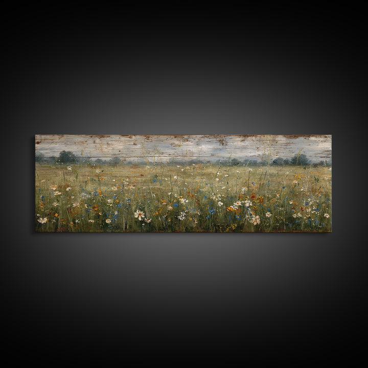 Wildflower Meadow Beside an Old Fence Framed Canvas Print, Country Art, Oil Painting, Farmhouse Decor, Watercolor Art, Country, COU-3x1-18