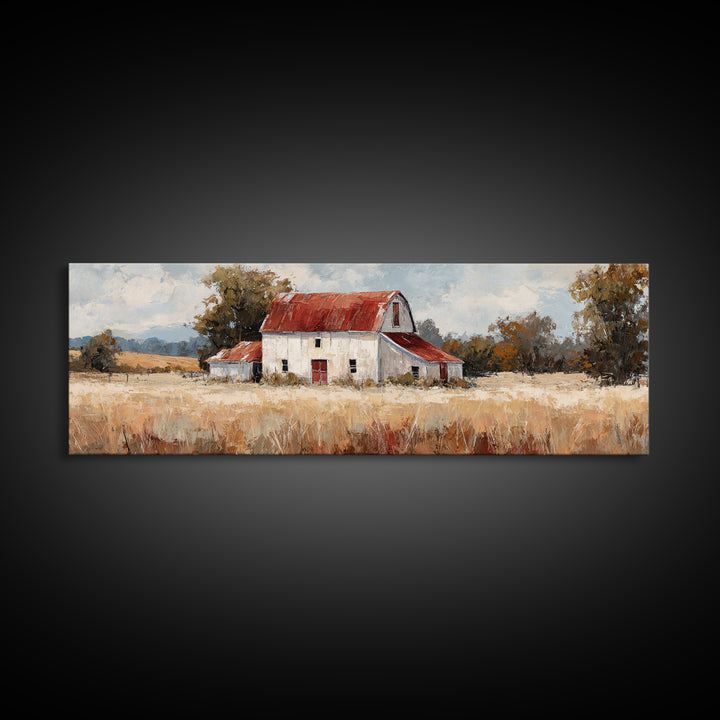 White Farmhouse Surrounded by Tall Grass Framed Canvas Print, Country Art, Art Prints, Farmhouse Decor, Fine Art, Country, COU-3x1-2