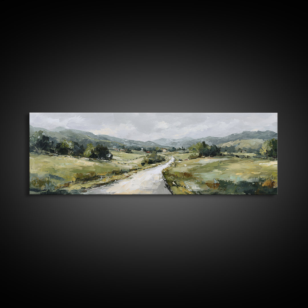 Country Road Disappearing into Green Hills Framed Canvas Print, Country Art, Statement Artwork, Farmhouse Decor, Country, COU-3x1-23