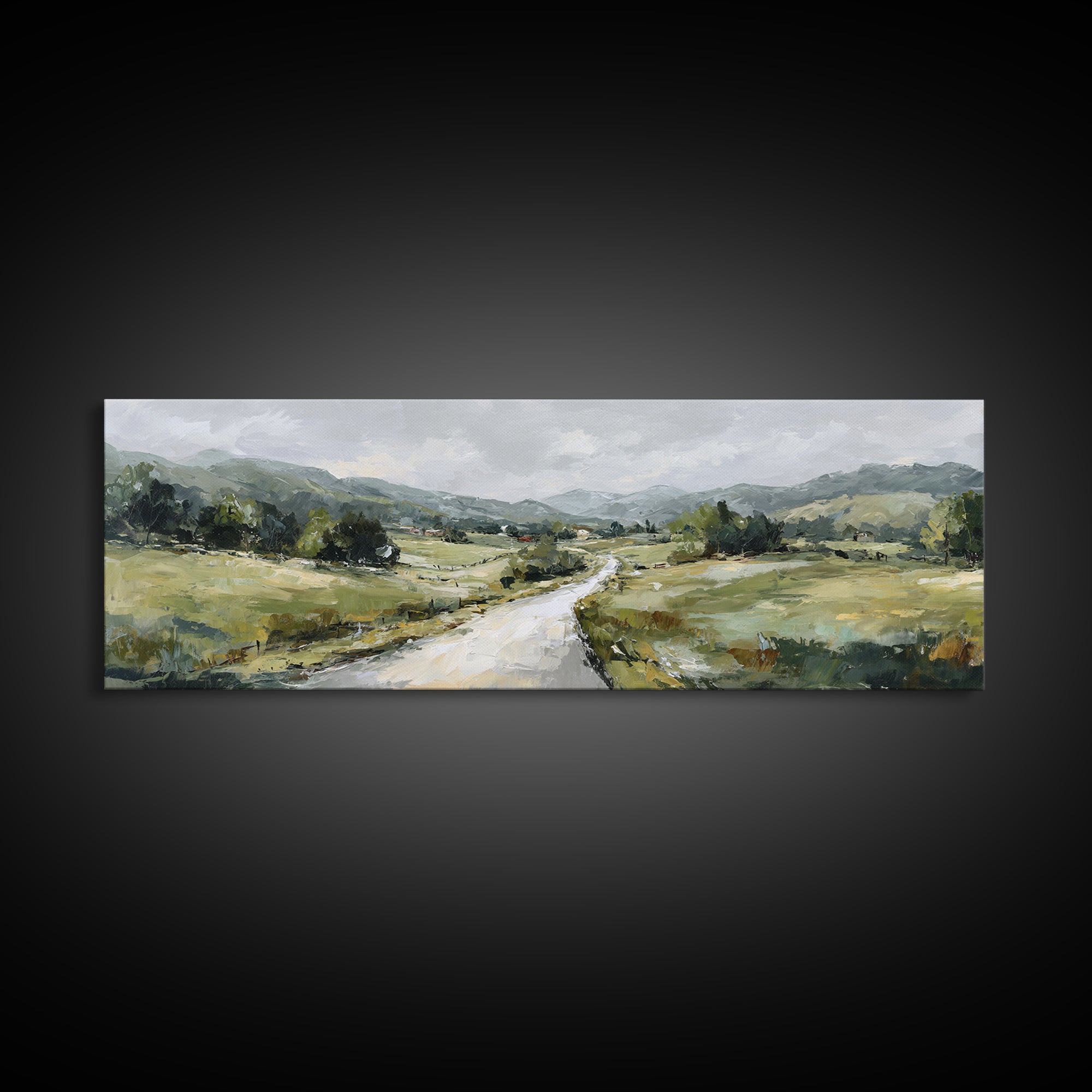 Country Road Disappearing into Green Hills Framed Canvas Print, Country Art, Statement Artwork, Farmhouse Decor, Country, COU-3x1-23
