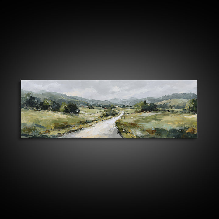 Country Road Disappearing into Green Hills Framed Canvas Print, Country Art, Statement Artwork, Farmhouse Decor, Country, COU-3x1-23