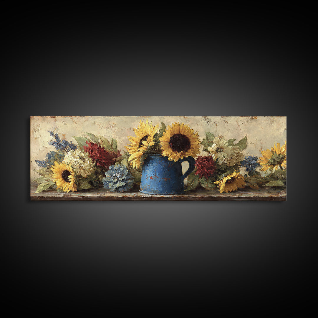 Sunflowers in a Blue Enamel Pitcher Canvas Print, Country Art, Farmhouse Wall Art, Farmhouse Decor, Watercolor Art, Country, COU-3x1-24