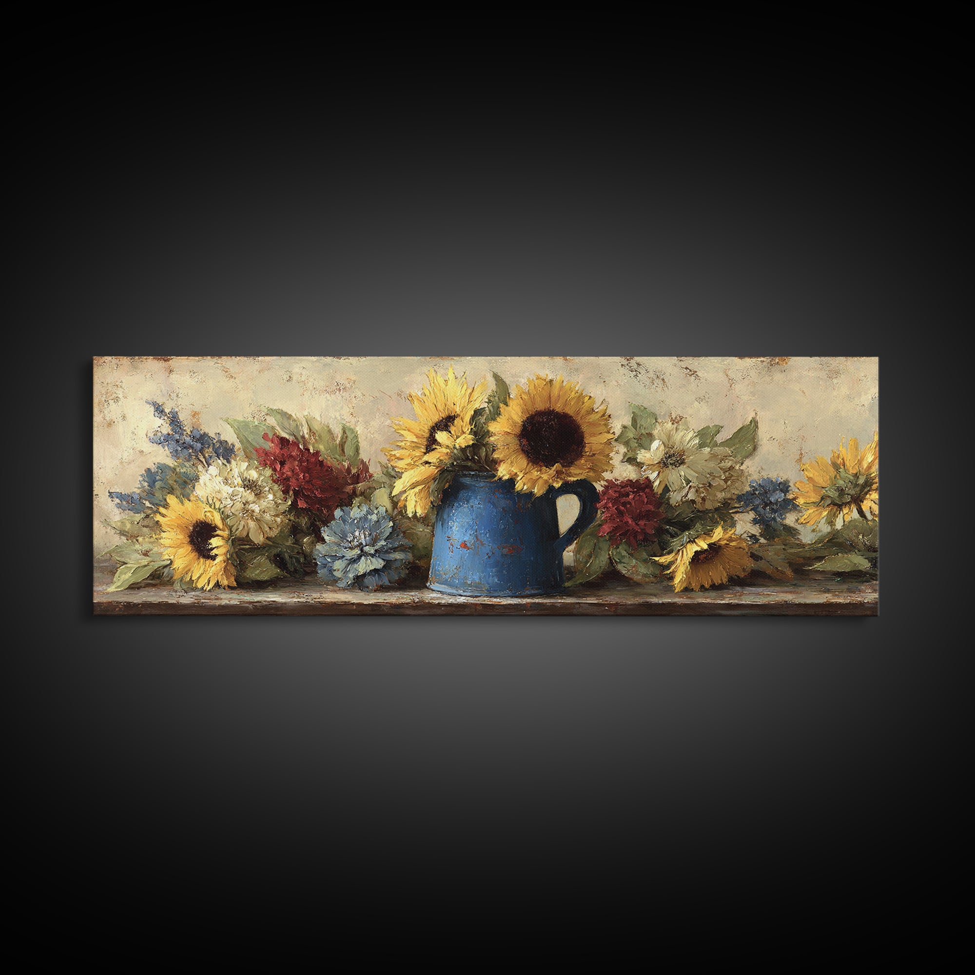Sunflowers in a Blue Enamel Pitcher Canvas Print, Country Art, Farmhouse Wall Art, Farmhouse Decor, Watercolor Art, Country, COU-3x1-24
