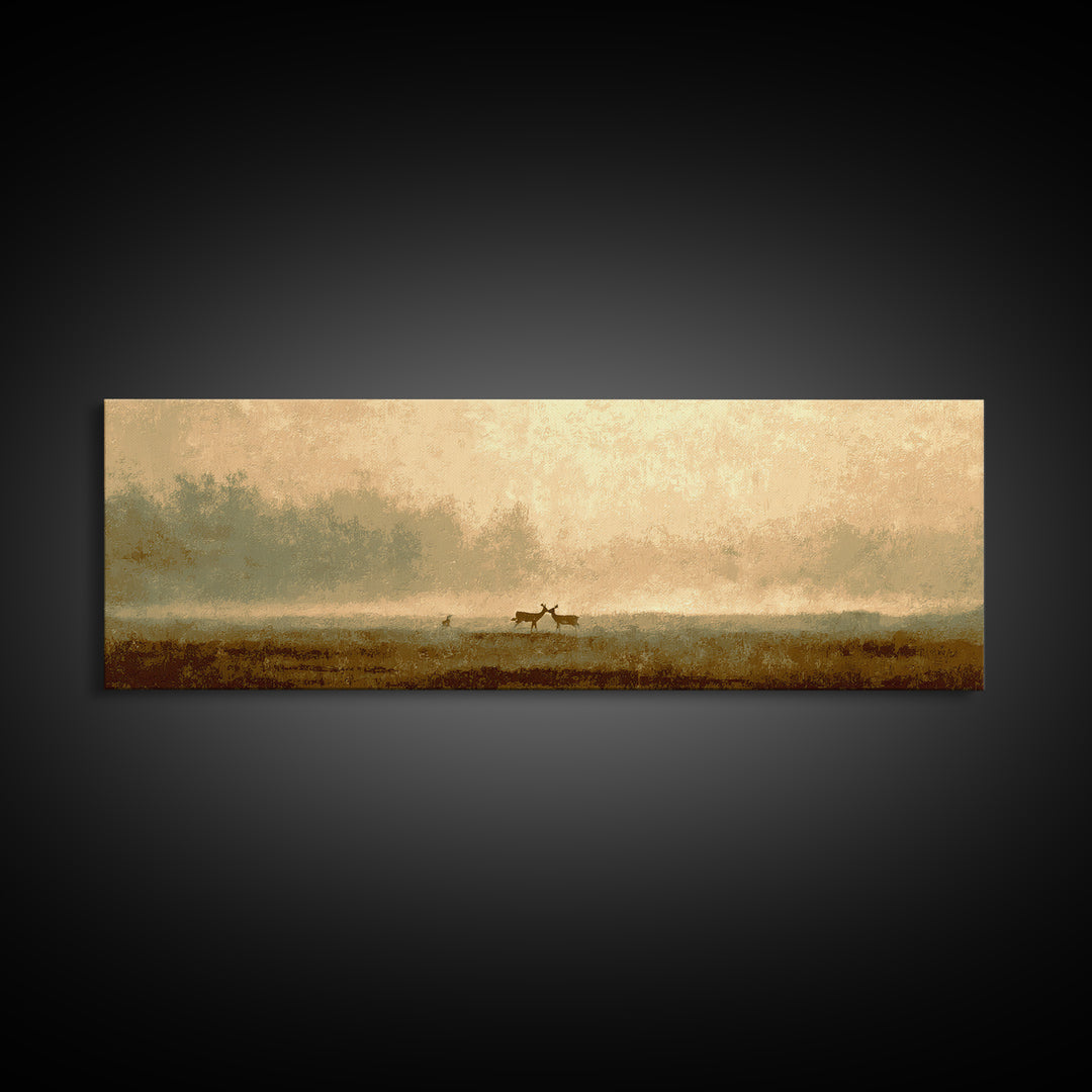 Deer Crossing a Misty Morning Field Framed Canvas Print, Country Art, Boho Decor, Farmhouse Decor, Fine Art, Country, COU-3x1-27