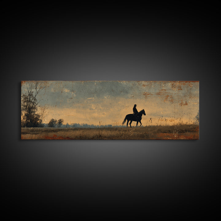 Horse and Rider Silhouette at Dusk Canvas Print, Country Art, Farmhouse Decor, Country, Gallery Wall Art, Landscape Wall Art, COU-3x1-33
