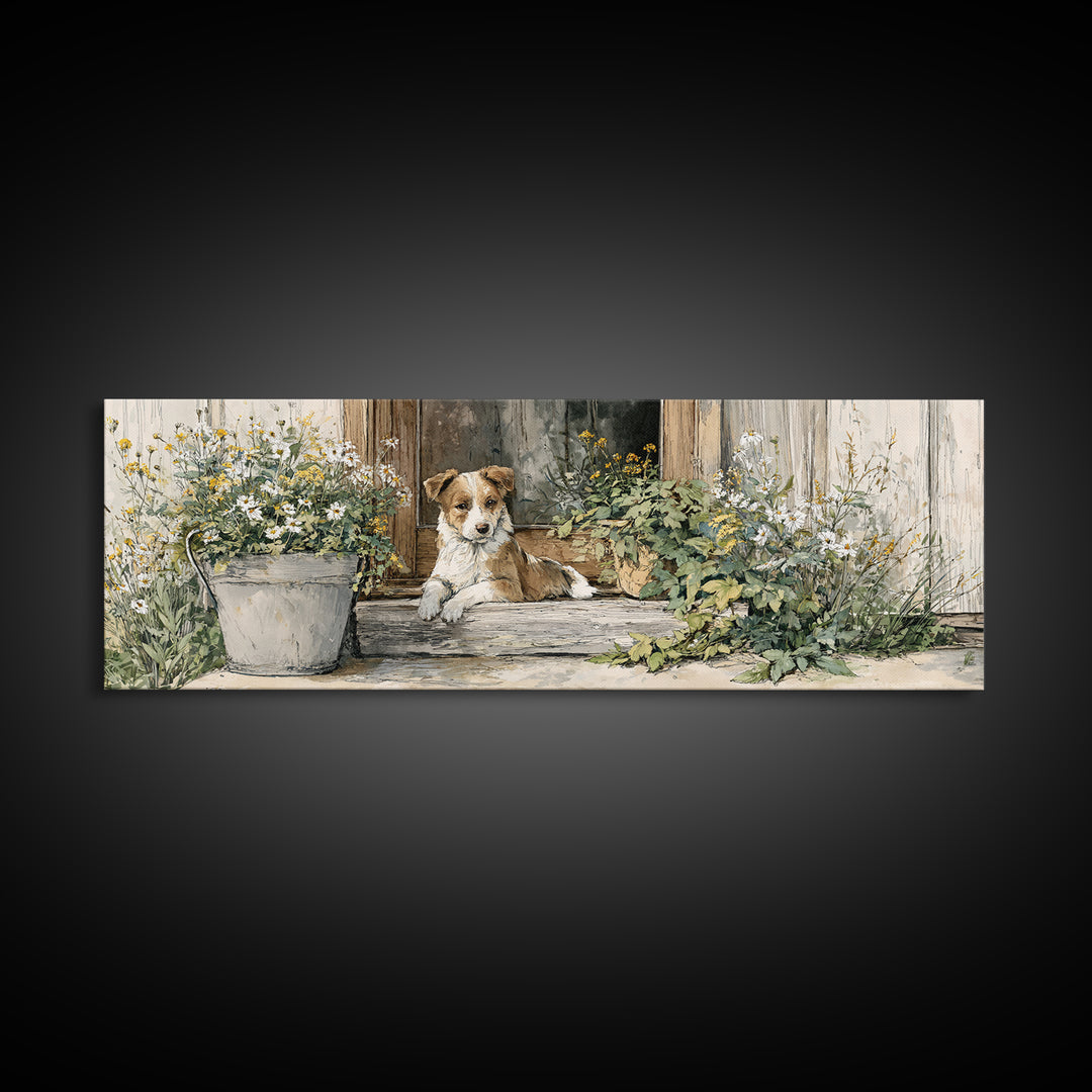 Dog Resting Beside a Porch Flower Pot Canvas Print, Country Art, Original Painting, Farmhouse Decor, Oil Painting, Country, COU-3x1-38