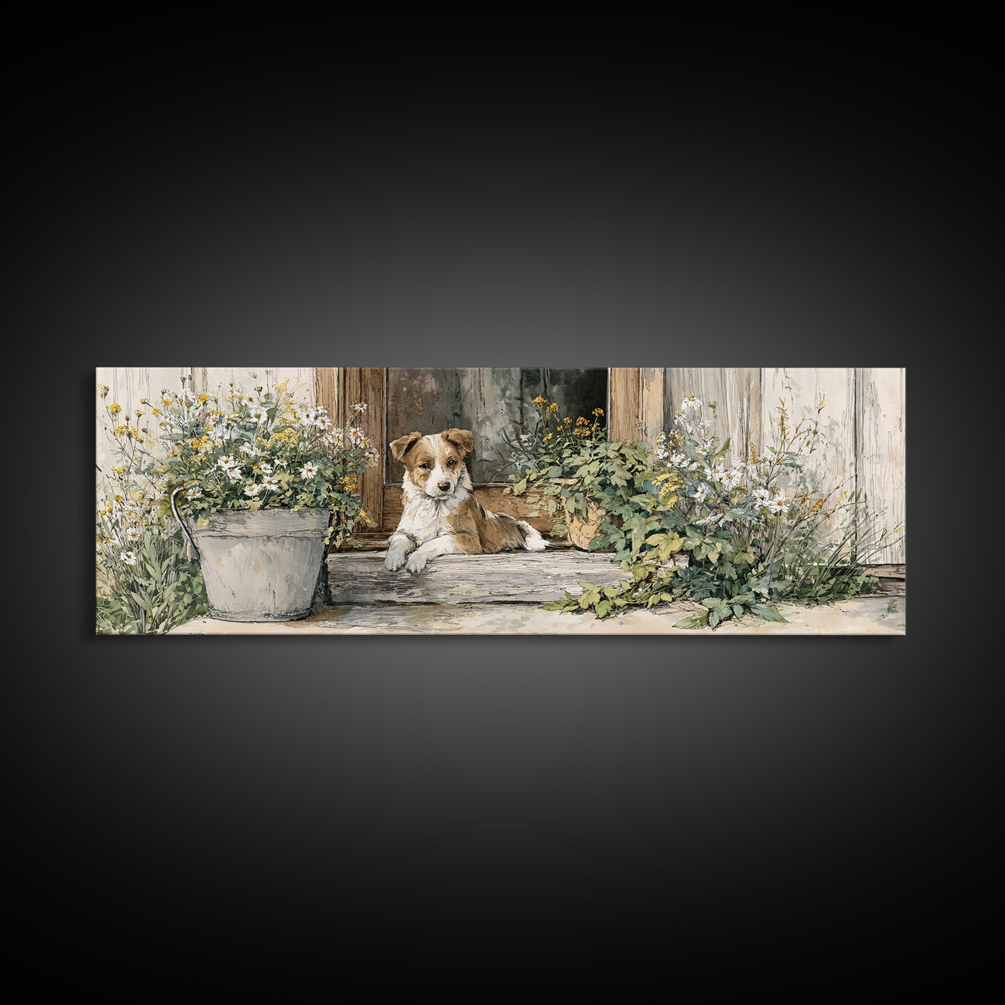 Dog Resting Beside a Porch Flower Pot Canvas Print, Country Art, Original Painting, Farmhouse Decor, Oil Painting, Country, COU-3x1-38