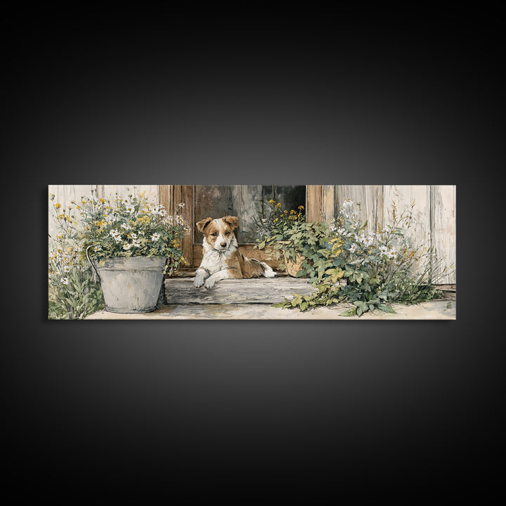 Dog Resting Beside a Porch Flower Pot Canvas Print, Country Art, Original Painting, Farmhouse Decor, Oil Painting, Country, COU-3x1-38