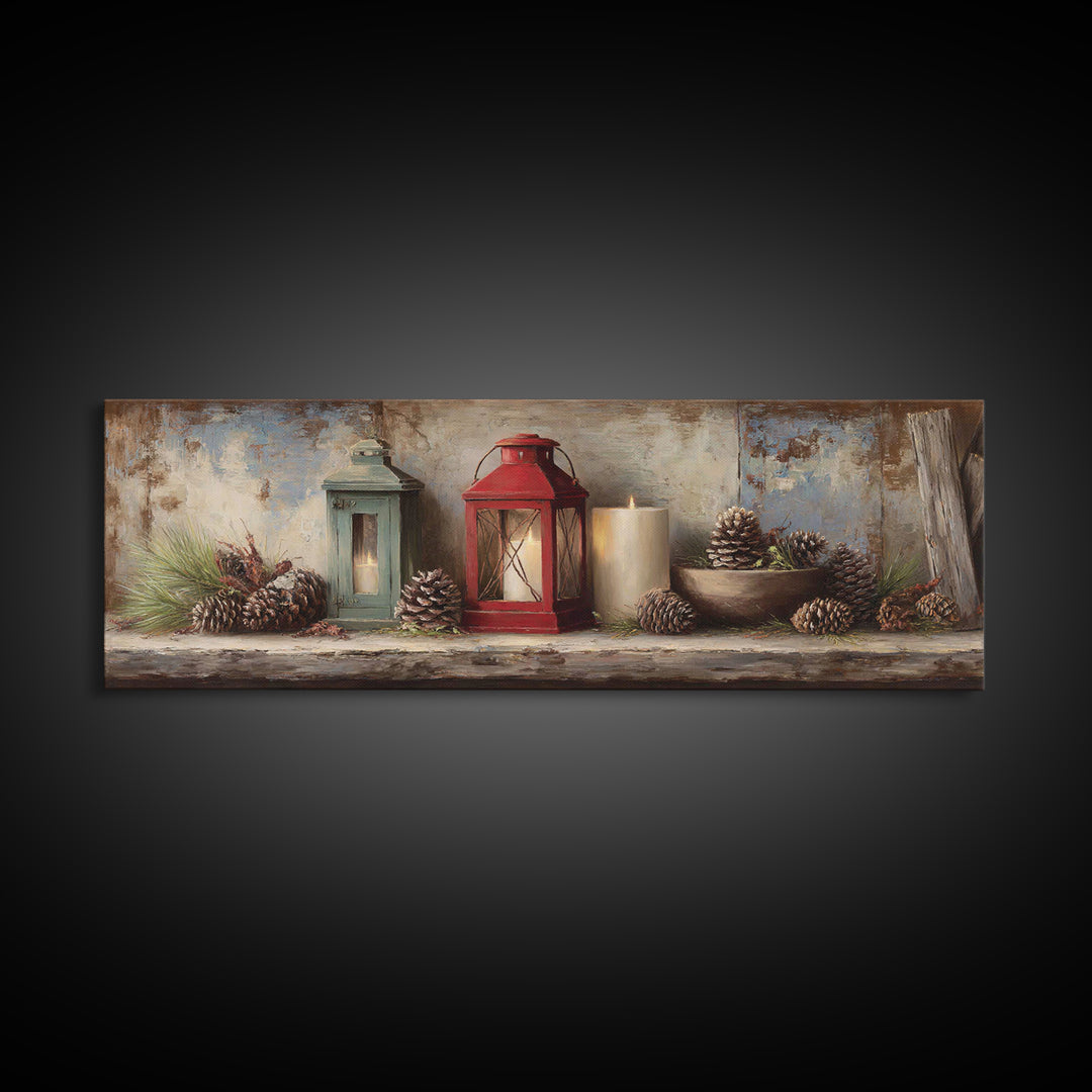 Old Lantern and Pinecones Still Life Canvas Print, Country Art, Gallery Decor, Farmhouse Decor, Fine Art, Country, COU-3x1-40