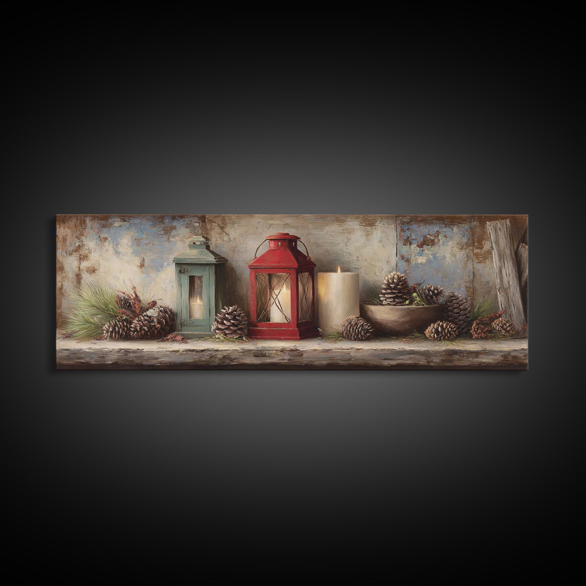 Old Lantern and Pinecones Still Life Canvas Print, Country Art, Gallery Decor, Farmhouse Decor, Fine Art, Country, COU-3x1-40