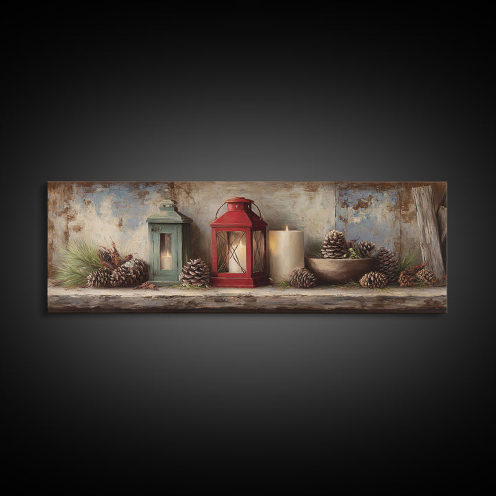 Old Lantern and Pinecones Still Life Canvas Print, Country Art, Gallery Decor, Farmhouse Decor, Fine Art, Country, COU-3x1-40