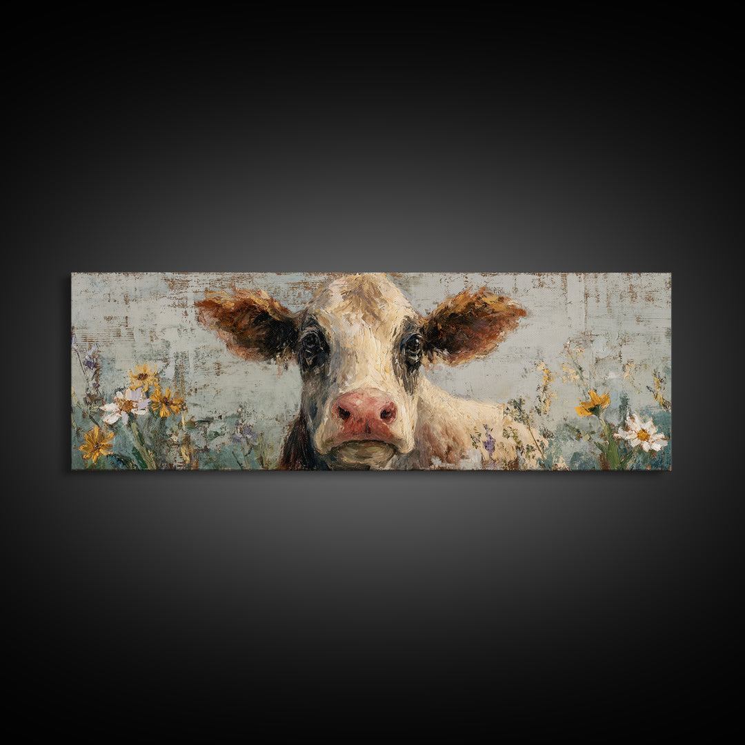 Cow Portrait with Gentle Farmhouse Personality Framed Canvas Print, Country Art, Wall Decor, Farmhouse Decor, Fine Art, Country, COU-3x1-44