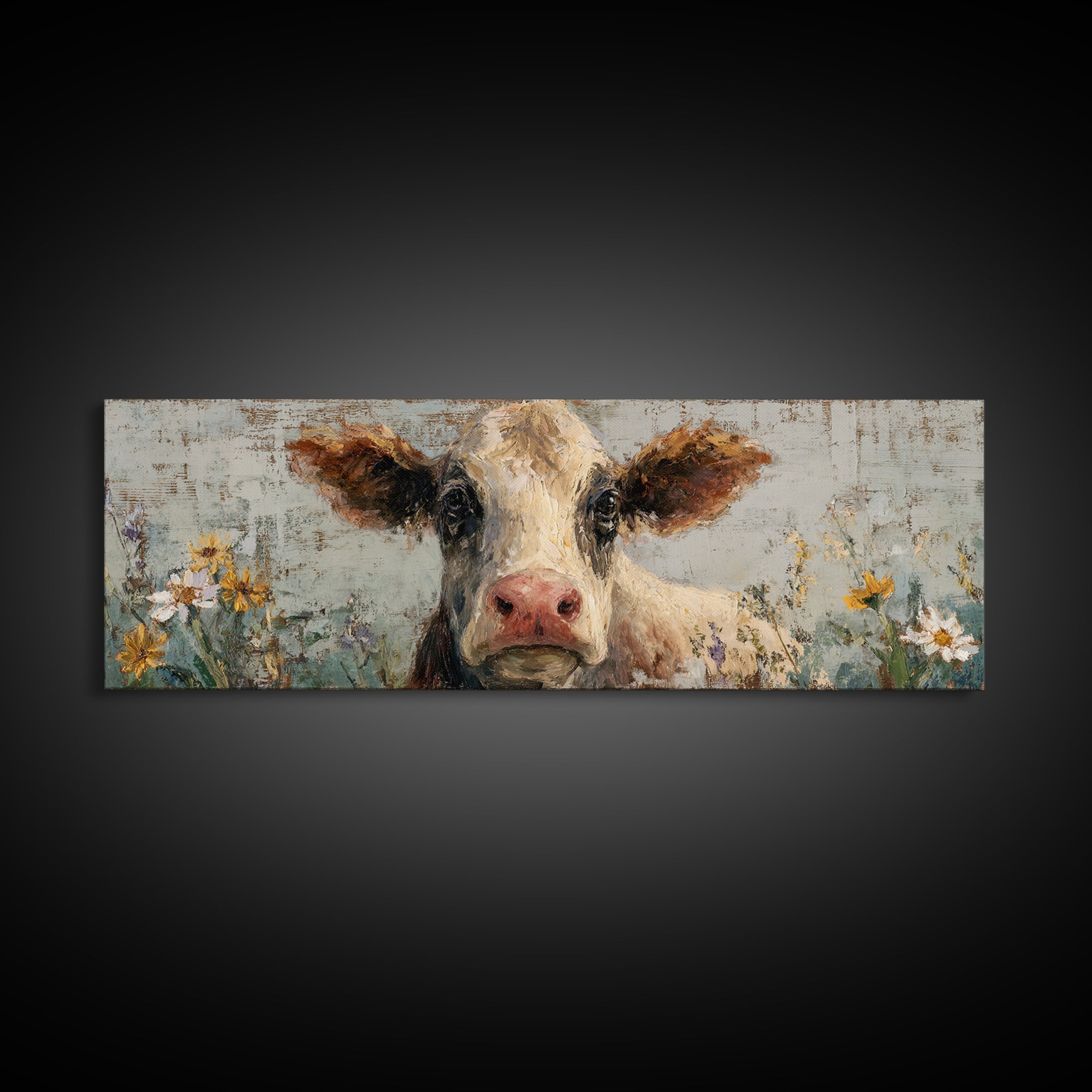 Cow Portrait with Gentle Farmhouse Personality Framed Canvas Print, Country Art, Wall Decor, Farmhouse Decor, Fine Art, Country, COU-3x1-44