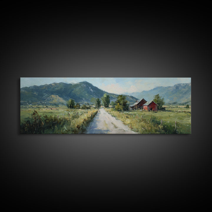 Country Road Disappearing into Green Hills Framed Canvas Print, Country Art, Art, Farmhouse Decor, Oil Painting, Country, COU-3x1-47