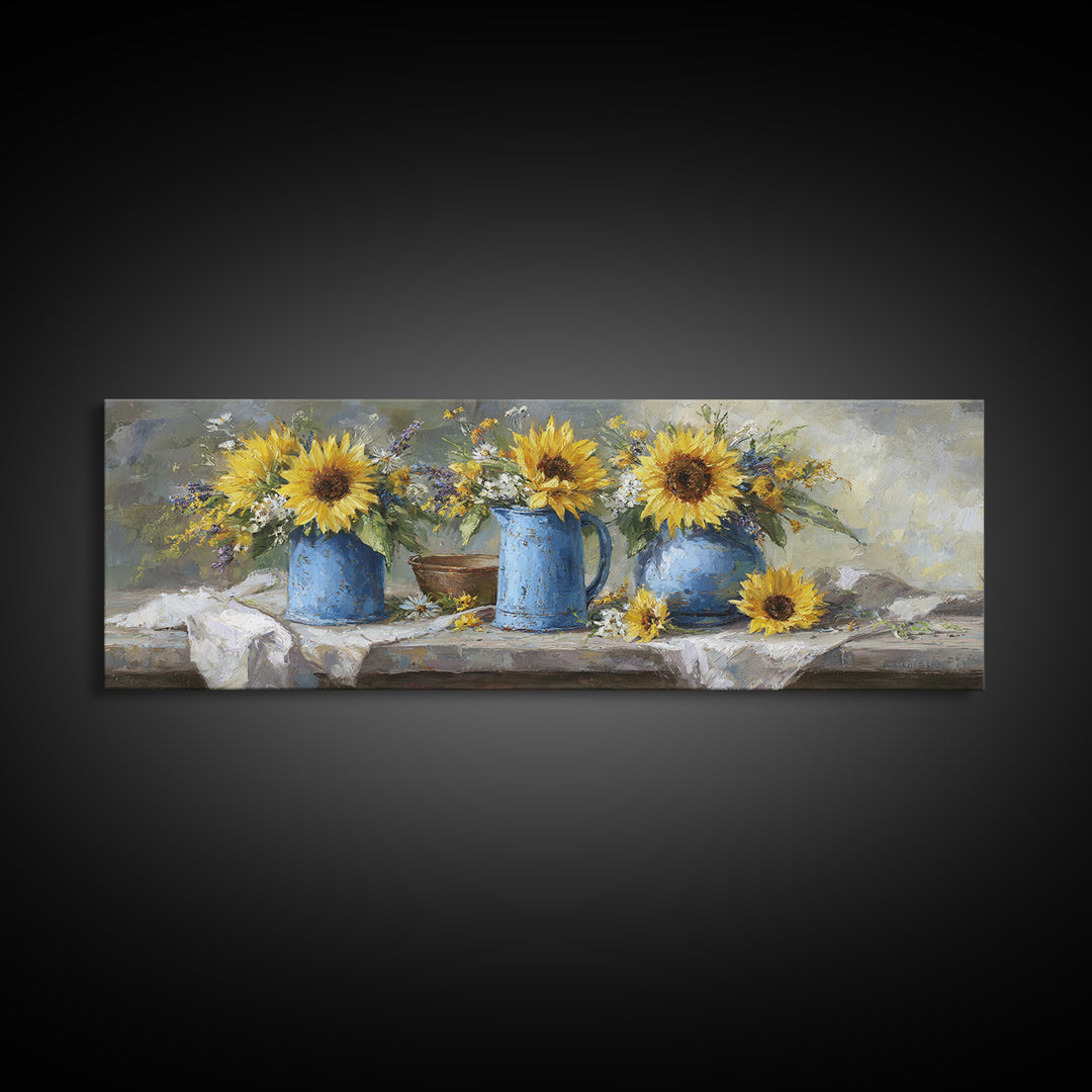 Sunflowers in a Blue Enamel Pitcher Canvas Print, Country Art, Luxury Decor, Farmhouse Decor, Fine Art, Country, COU-3x1-48