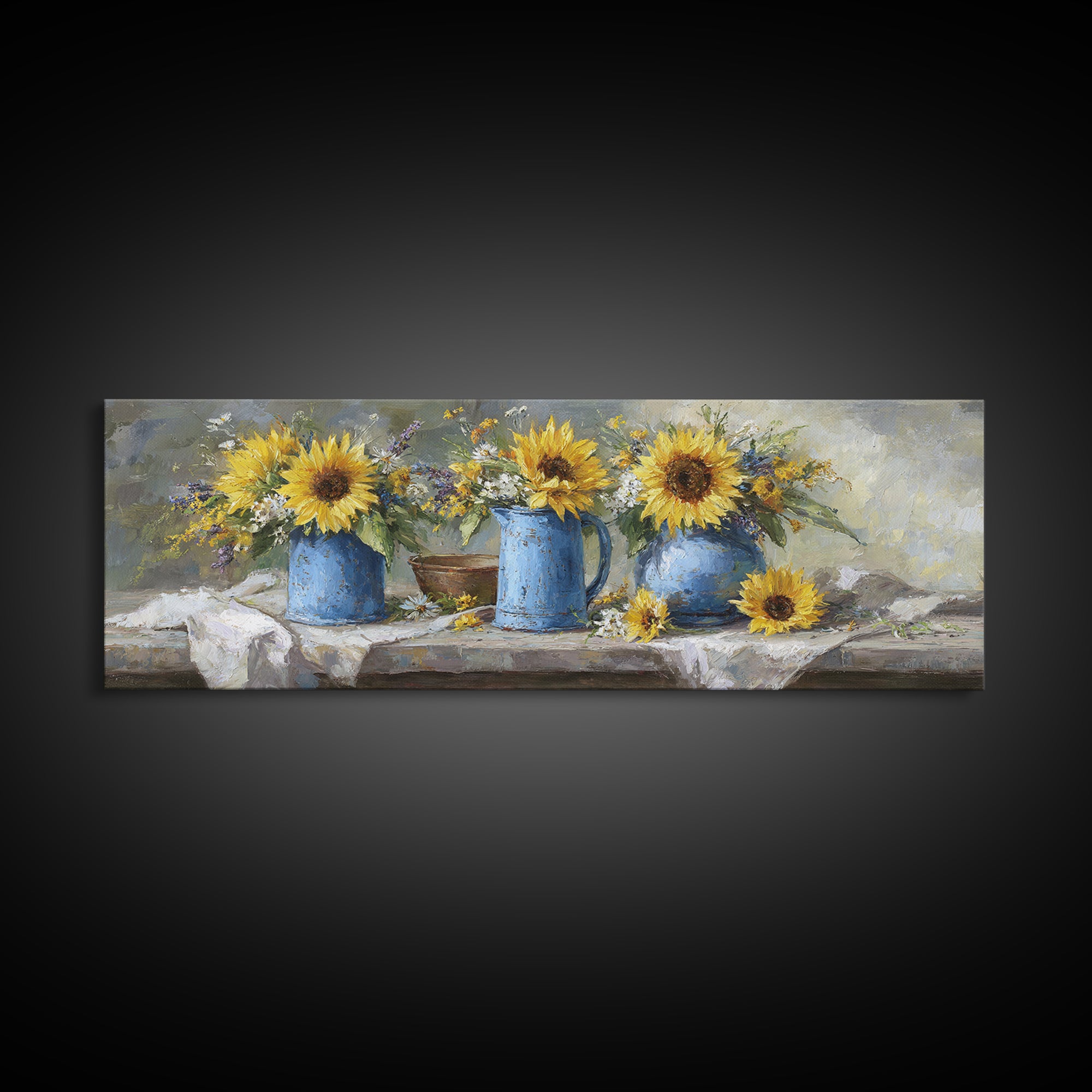 Sunflowers in a Blue Enamel Pitcher Canvas Print, Country Art, Luxury Decor, Farmhouse Decor, Fine Art, Country, COU-3x1-48