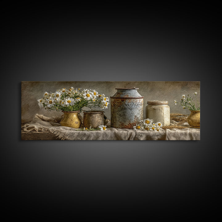 Milk Can and Daisies Rustic Still Life Framed Canvas Print, Country Art, Oil Painting, Farmhouse Decor, Watercolor Art, Country, COU-3x1-5