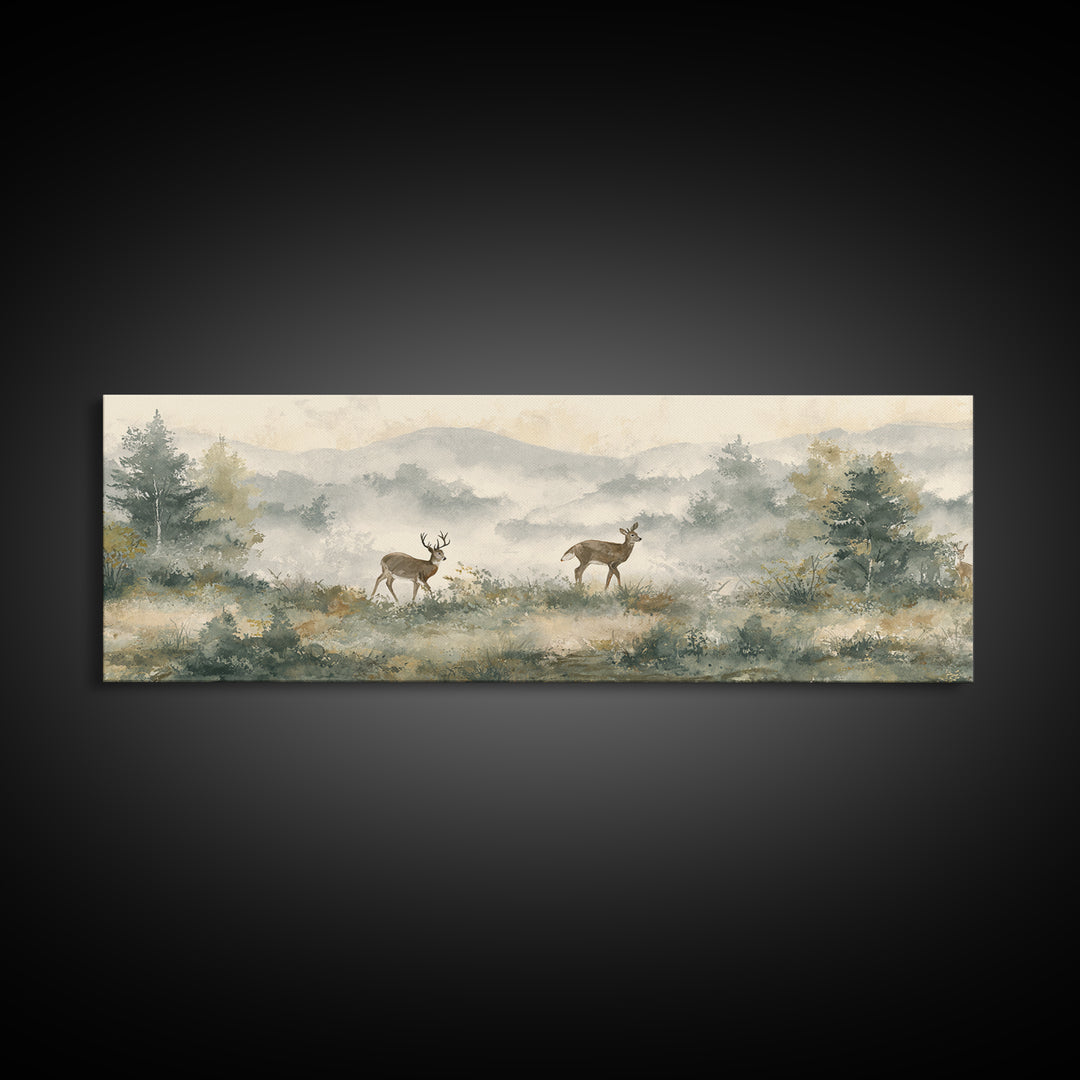 Deer Crossing a Misty Morning Field Framed Canvas Print, Country Art, Digital Prints, Farmhouse Decor, Fine Art, Country, COU-3x1-51