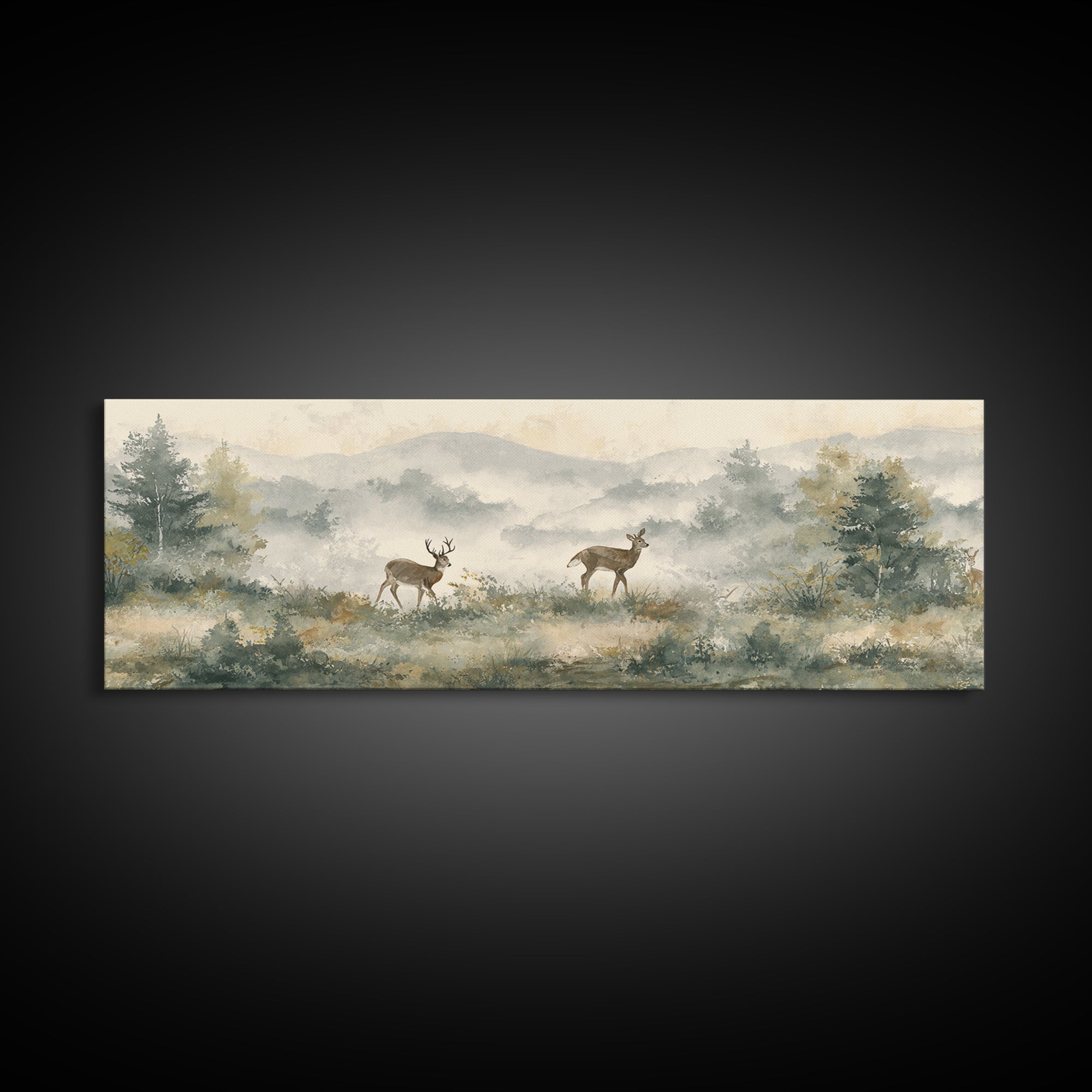 Deer Crossing a Misty Morning Field Framed Canvas Print, Country Art, Digital Prints, Farmhouse Decor, Fine Art, Country, COU-3x1-51